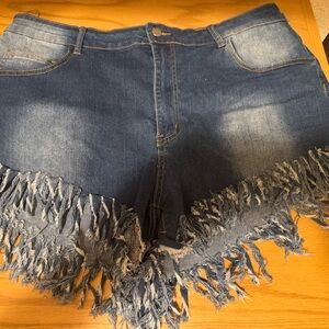 SHEIN Distressed Fringe Dark Blue Denim Shorts